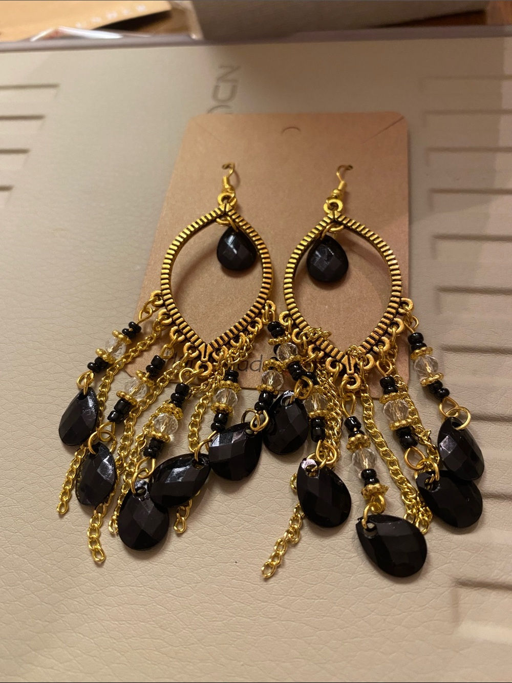 Gold and Black Dangle Chandelier Earrings - Elegant Evening Jewelry